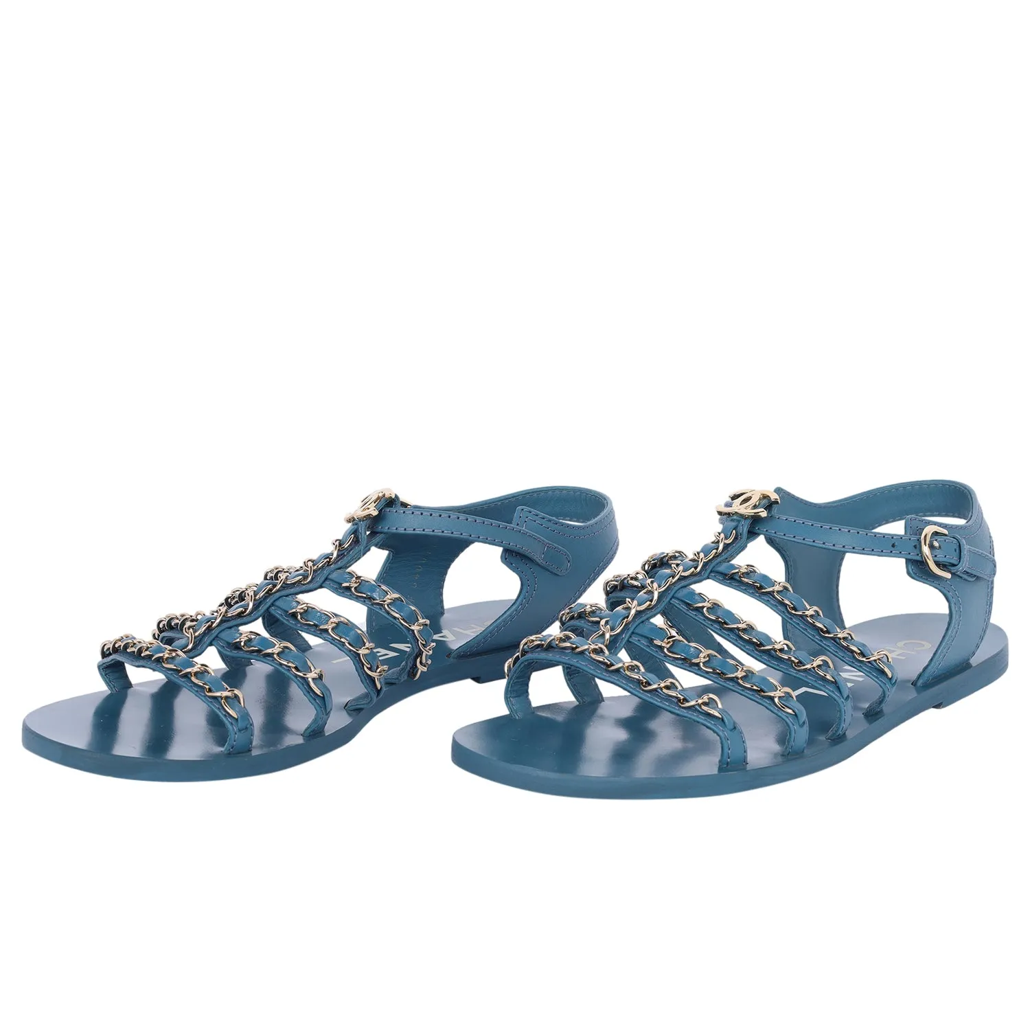 2023 interlocking CC logo gladiator open toe blue sandals size 39 US 9