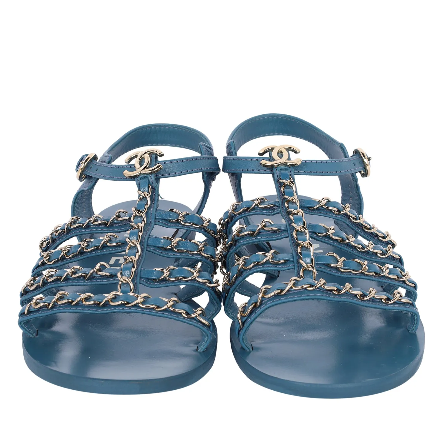 2023 interlocking CC logo gladiator open toe blue sandals size 39 US 9