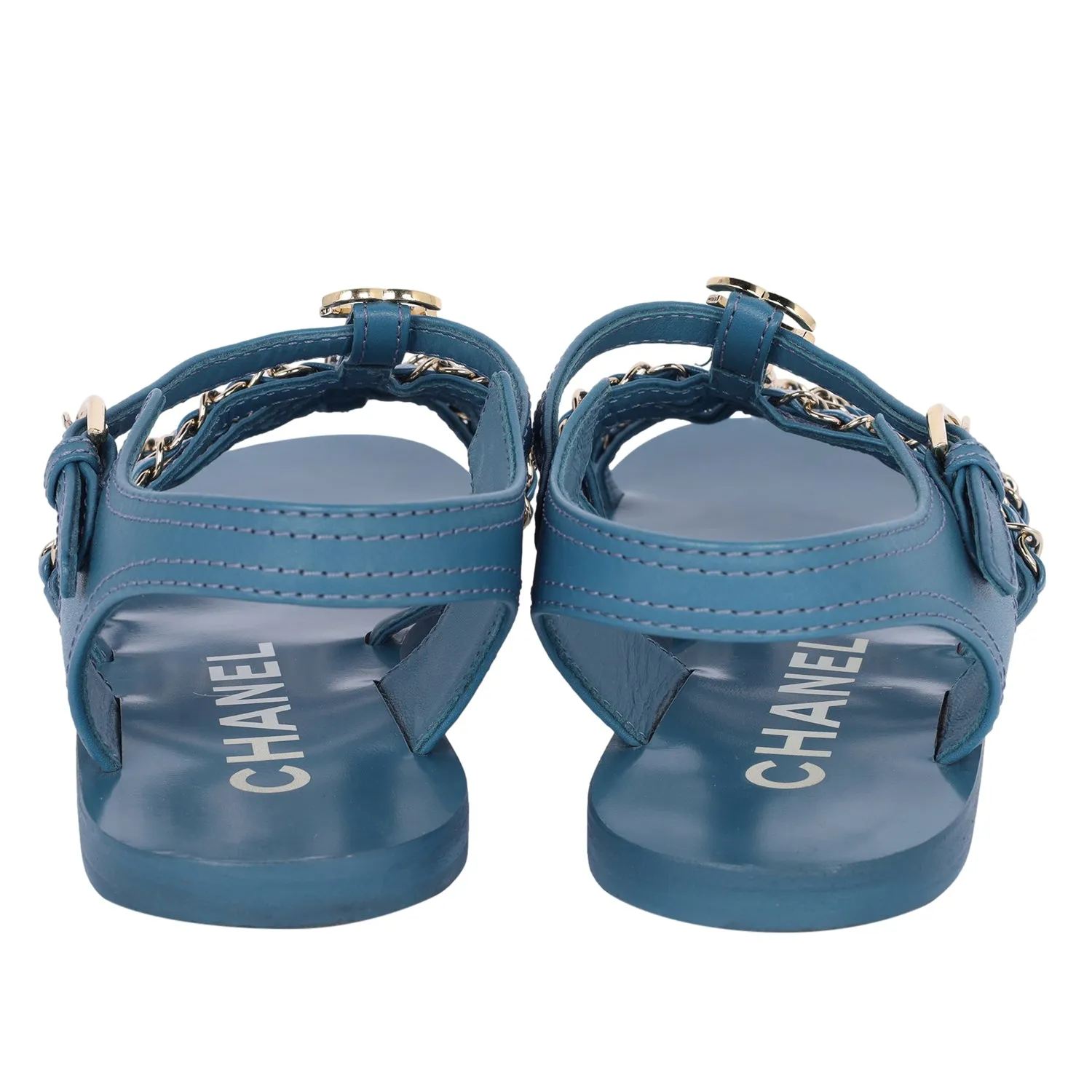2023 interlocking CC logo gladiator open toe blue sandals size 39 US 9