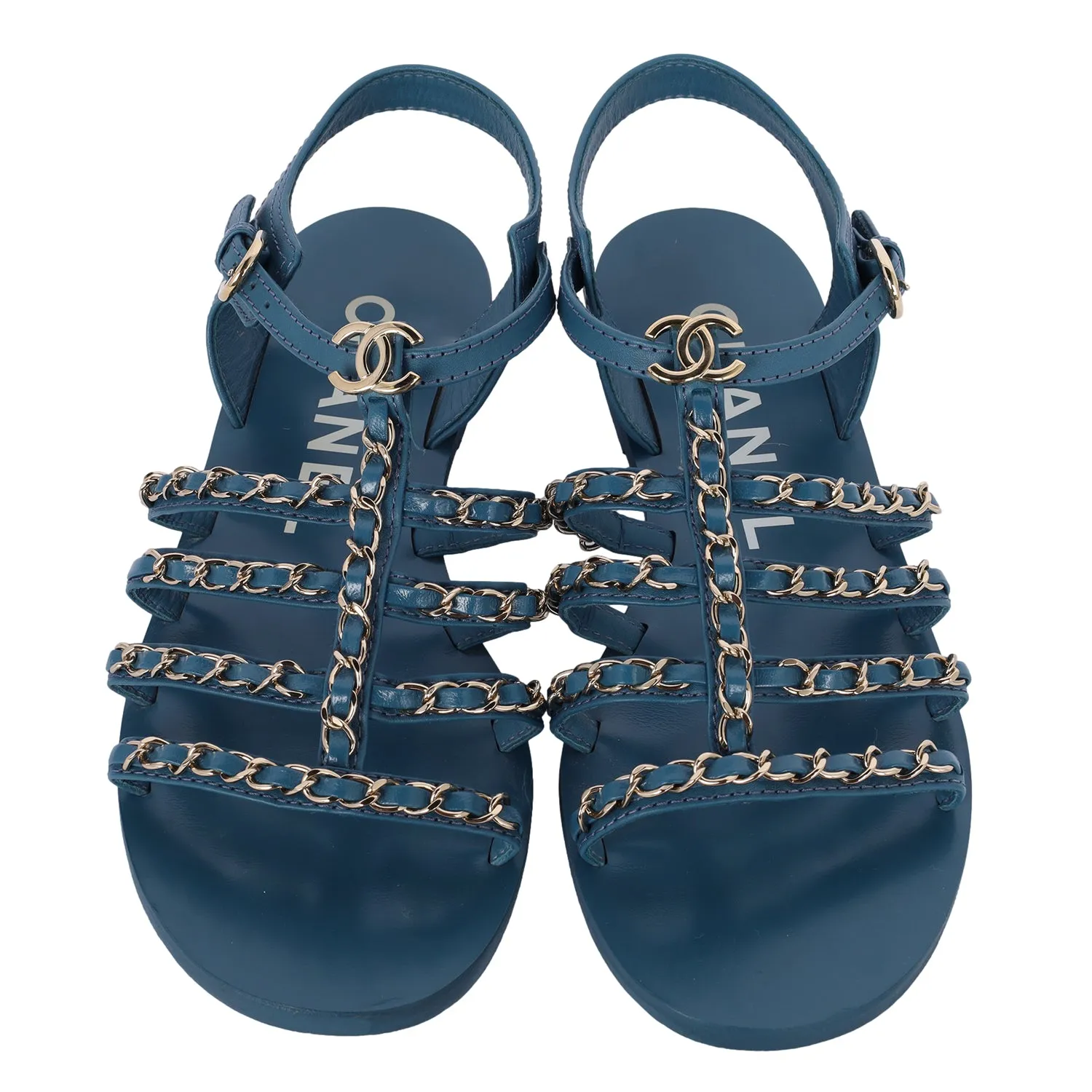 2023 interlocking CC logo gladiator open toe blue sandals size 39 US 9
