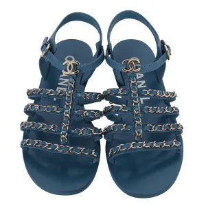 2023 interlocking CC logo gladiator open toe blue sandals size 39 US 9