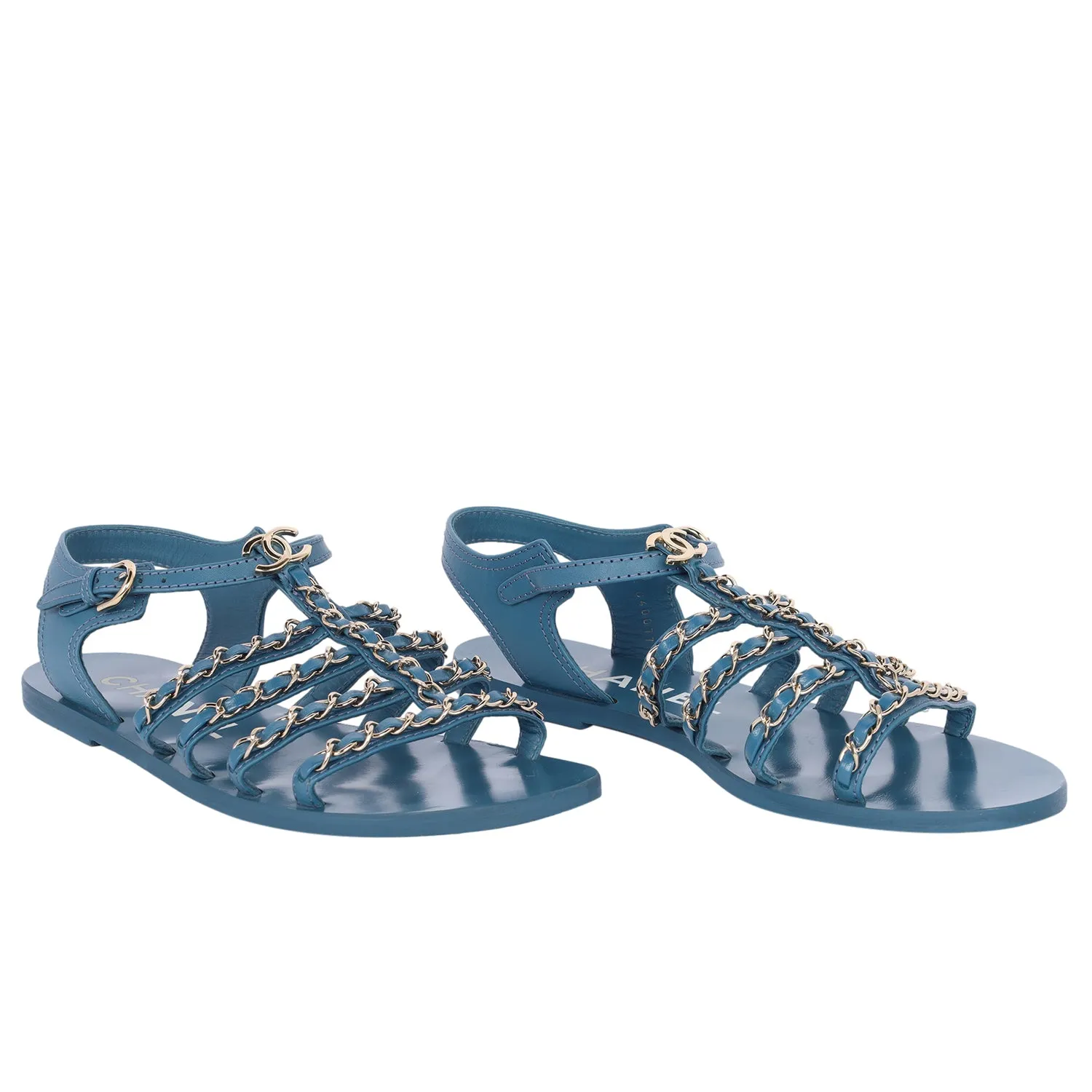 2023 interlocking CC logo gladiator open toe blue sandals size 39 US 9