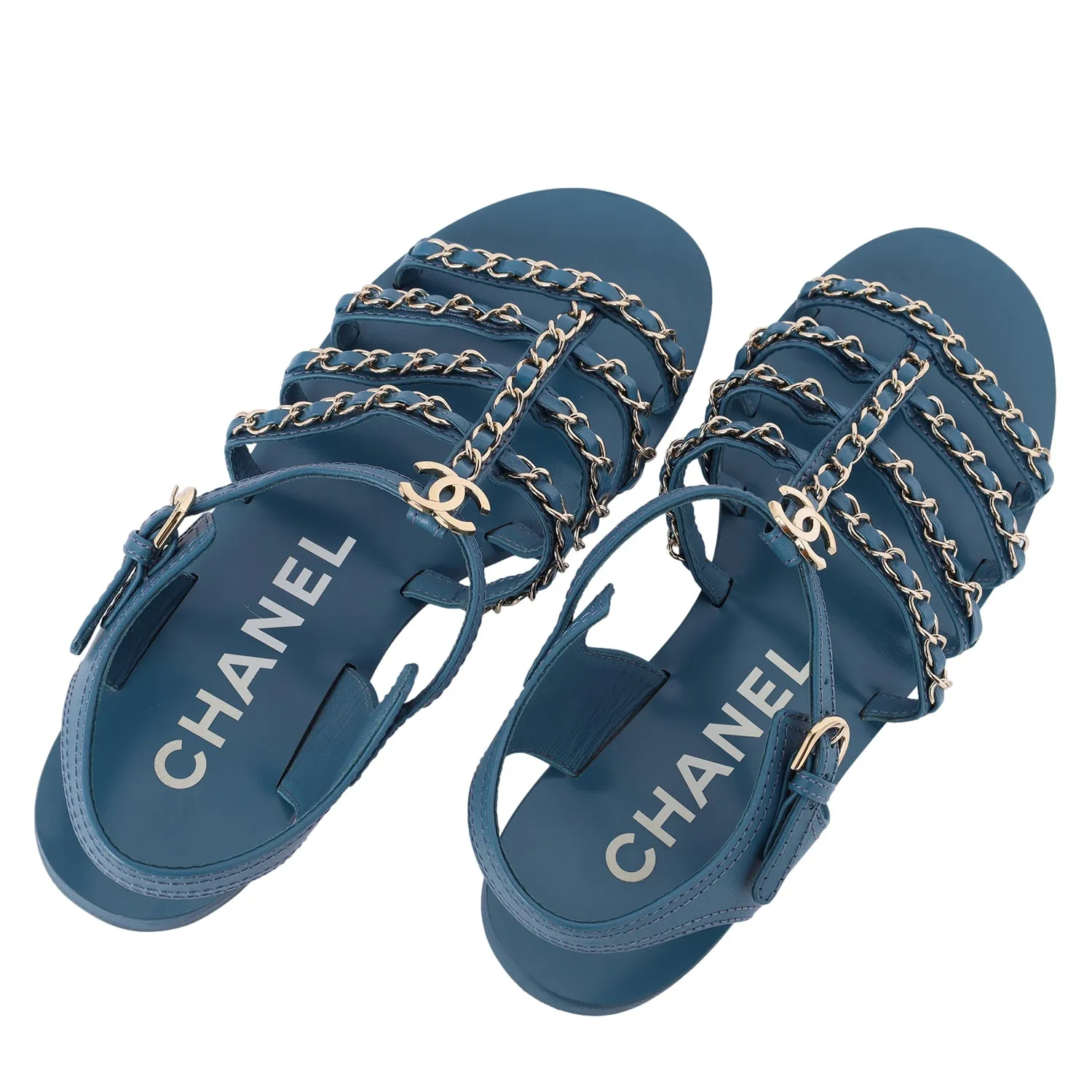 2023 interlocking CC logo gladiator open toe blue sandals size 39 US 9