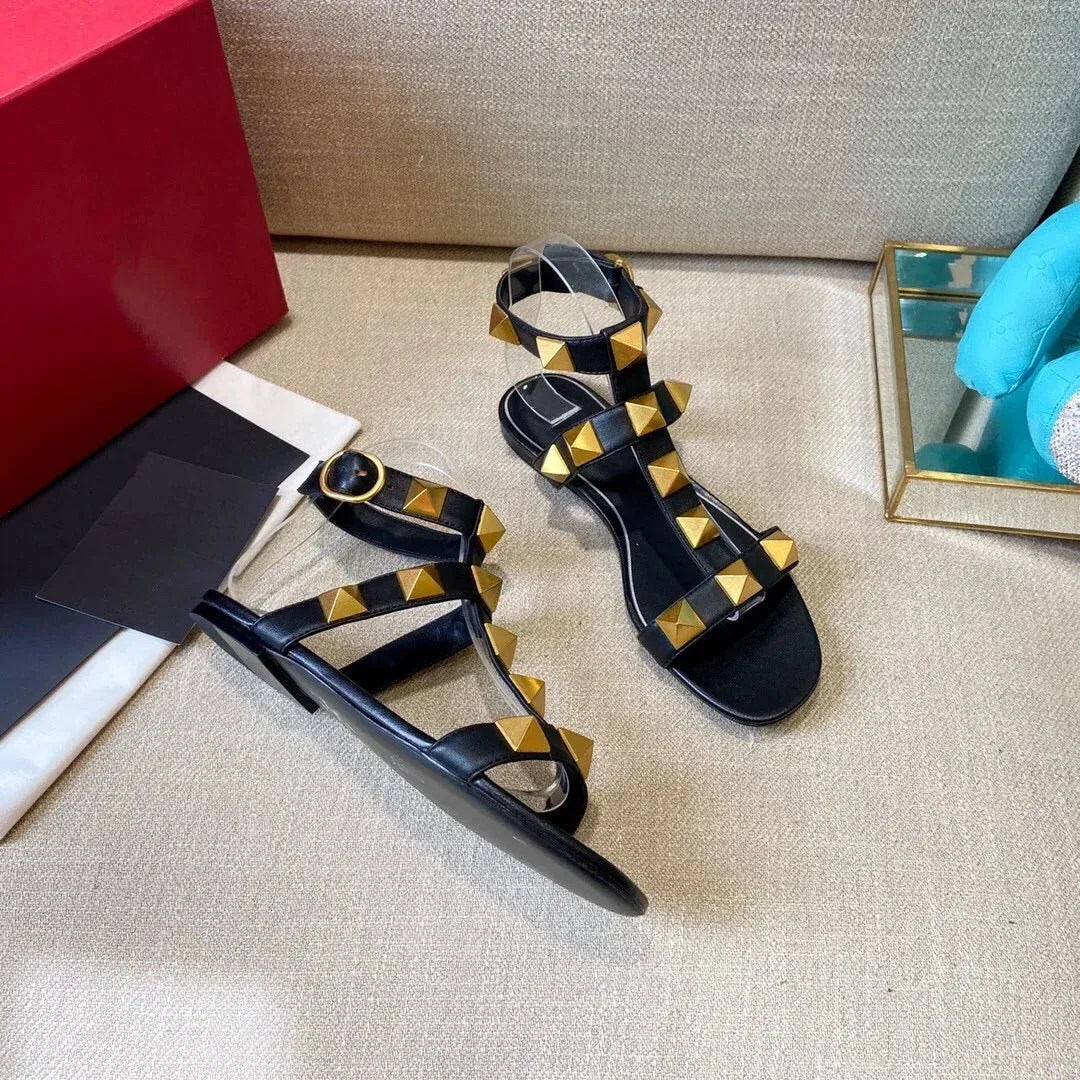 2024 Summer New Round Toe Open Toe Flat Women's Shoes Rivet High Top Roman Sandals Fashion Sandals