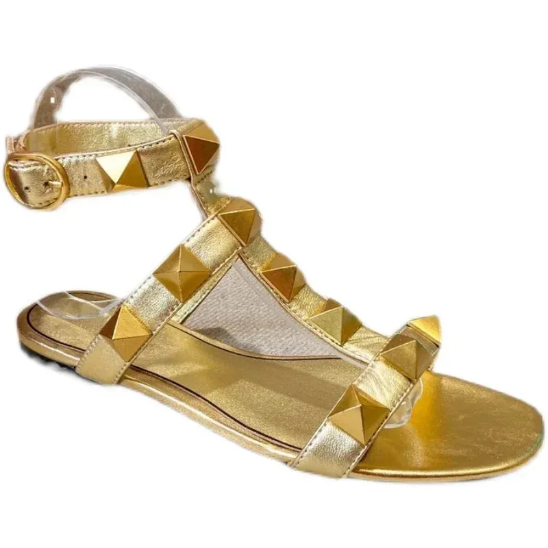 2024 Summer New Round Toe Open Toe Flat Women's Shoes Rivet High Top Roman Sandals Fashion Sandals