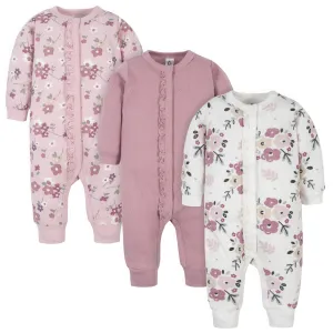 3-Pack Organic Baby Girls Flower Coveralls
