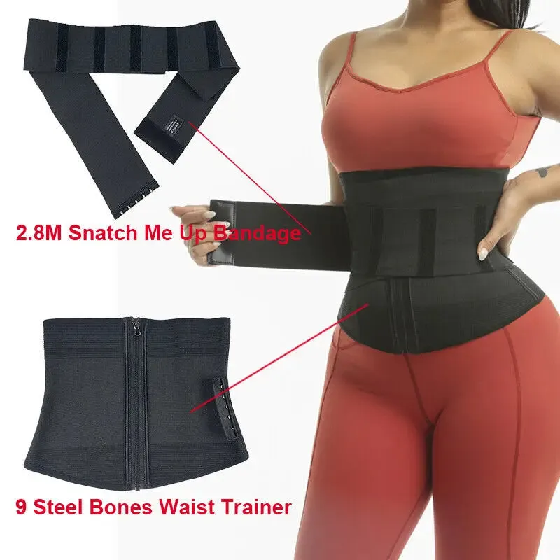9 Steel Bones Waist Trainer Body Shaper - Adjustable Tummy Control Snatch Me Up Wrap with Stretch Bands for Slimming Women