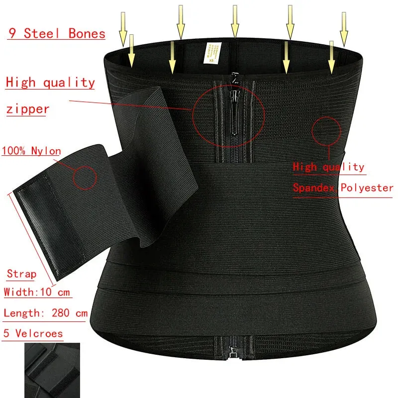 9 Steel Bones Waist Trainer Body Shaper - Adjustable Tummy Control Snatch Me Up Wrap with Stretch Bands for Slimming Women