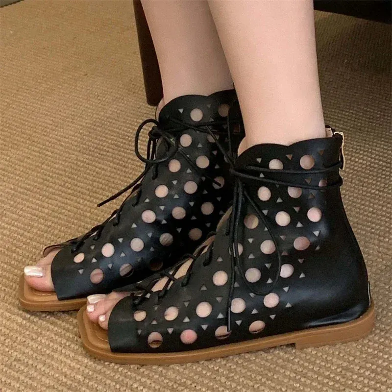 ADVBRIDGE  -  Fashion Design Hollow Out Flat Heels Boot Sandals Woman Summer Gladiator Peep Toe Zipper Party Dress Shoes