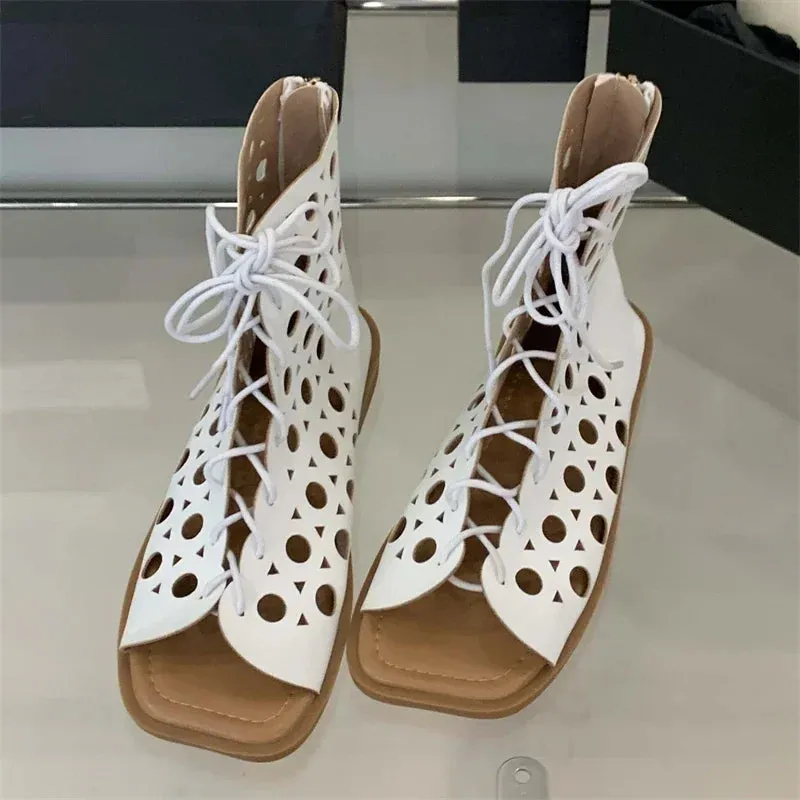ADVBRIDGE  -  Fashion Design Hollow Out Flat Heels Boot Sandals Woman Summer Gladiator Peep Toe Zipper Party Dress Shoes