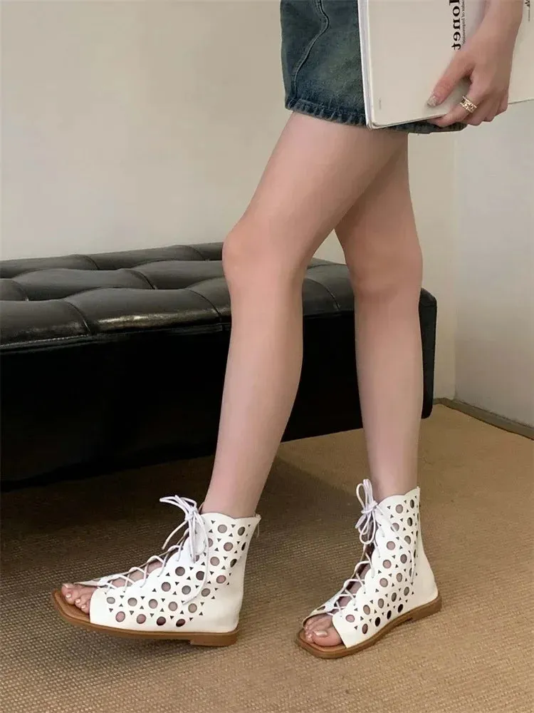 ADVBRIDGE  -  Fashion Design Hollow Out Flat Heels Boot Sandals Woman Summer Gladiator Peep Toe Zipper Party Dress Shoes