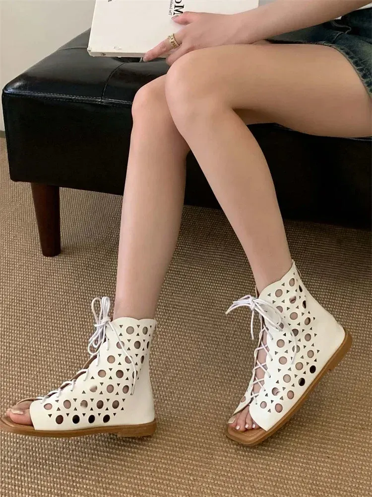 ADVBRIDGE  -  Fashion Design Hollow Out Flat Heels Boot Sandals Woman Summer Gladiator Peep Toe Zipper Party Dress Shoes
