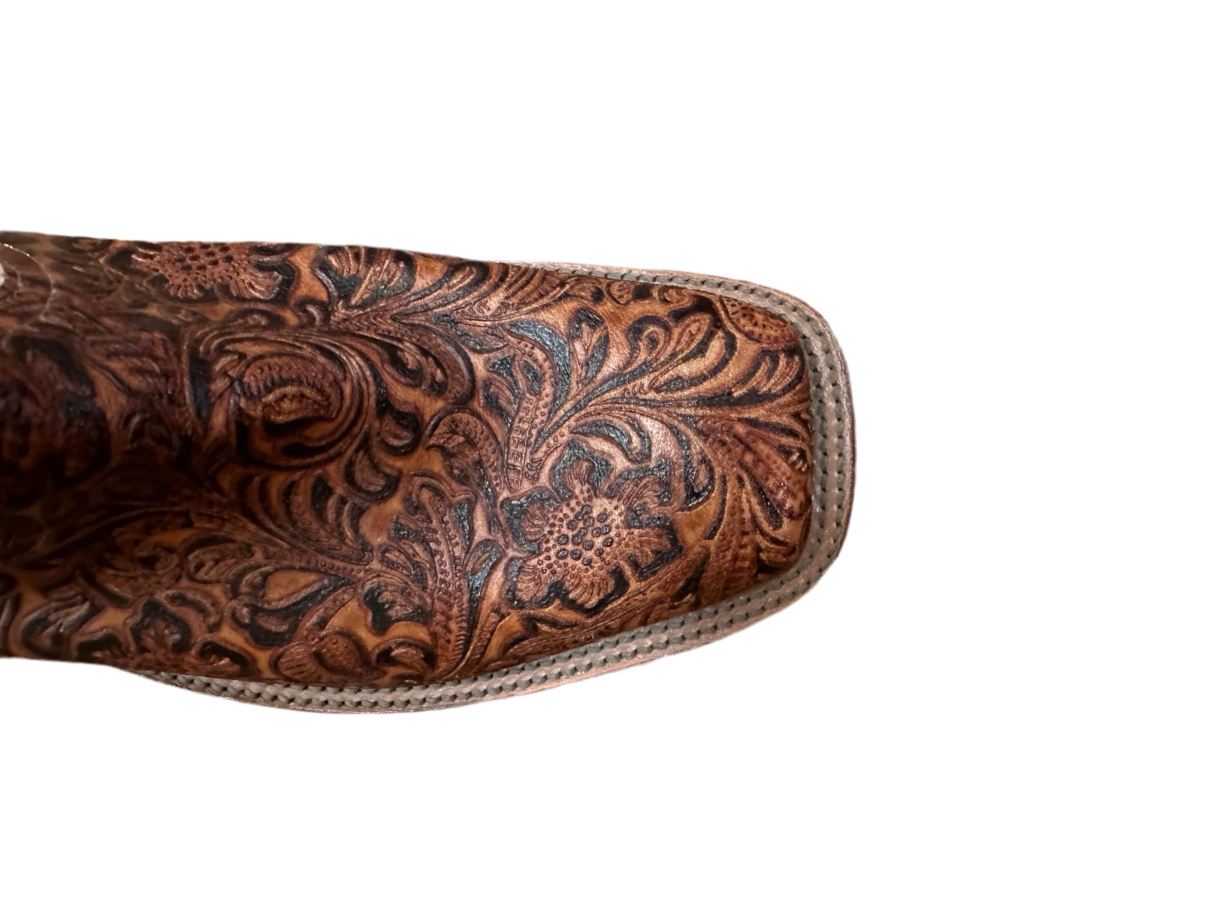 Anderson Bean Men's Boots - Brown Tooled Vamp Square Toe with Cream Top