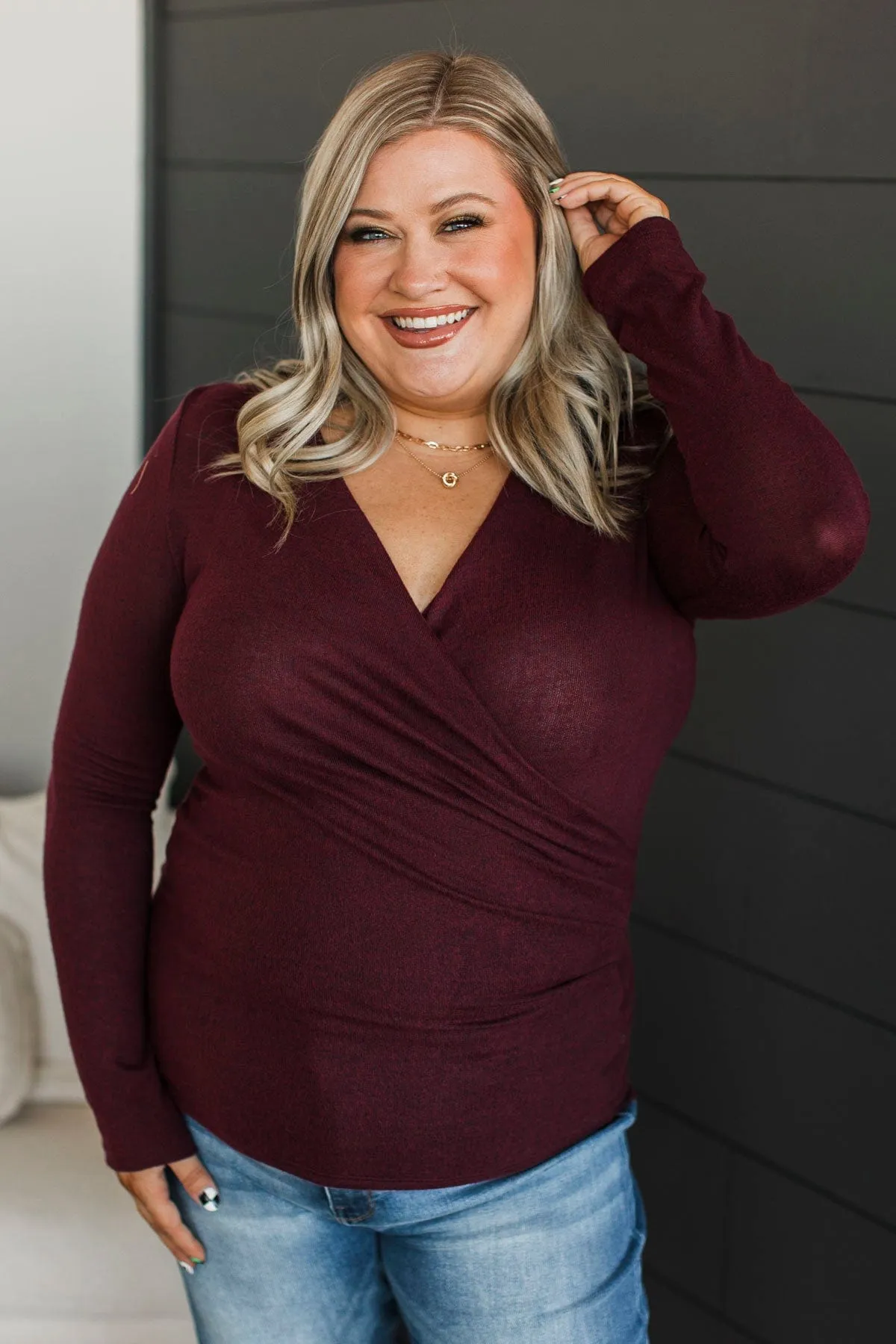 Around We Go Wrap Top- Burgundy