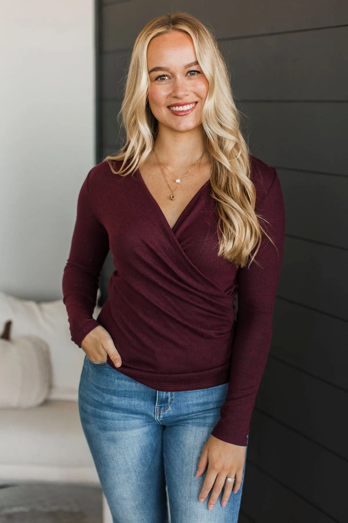 Around We Go Wrap Top- Burgundy