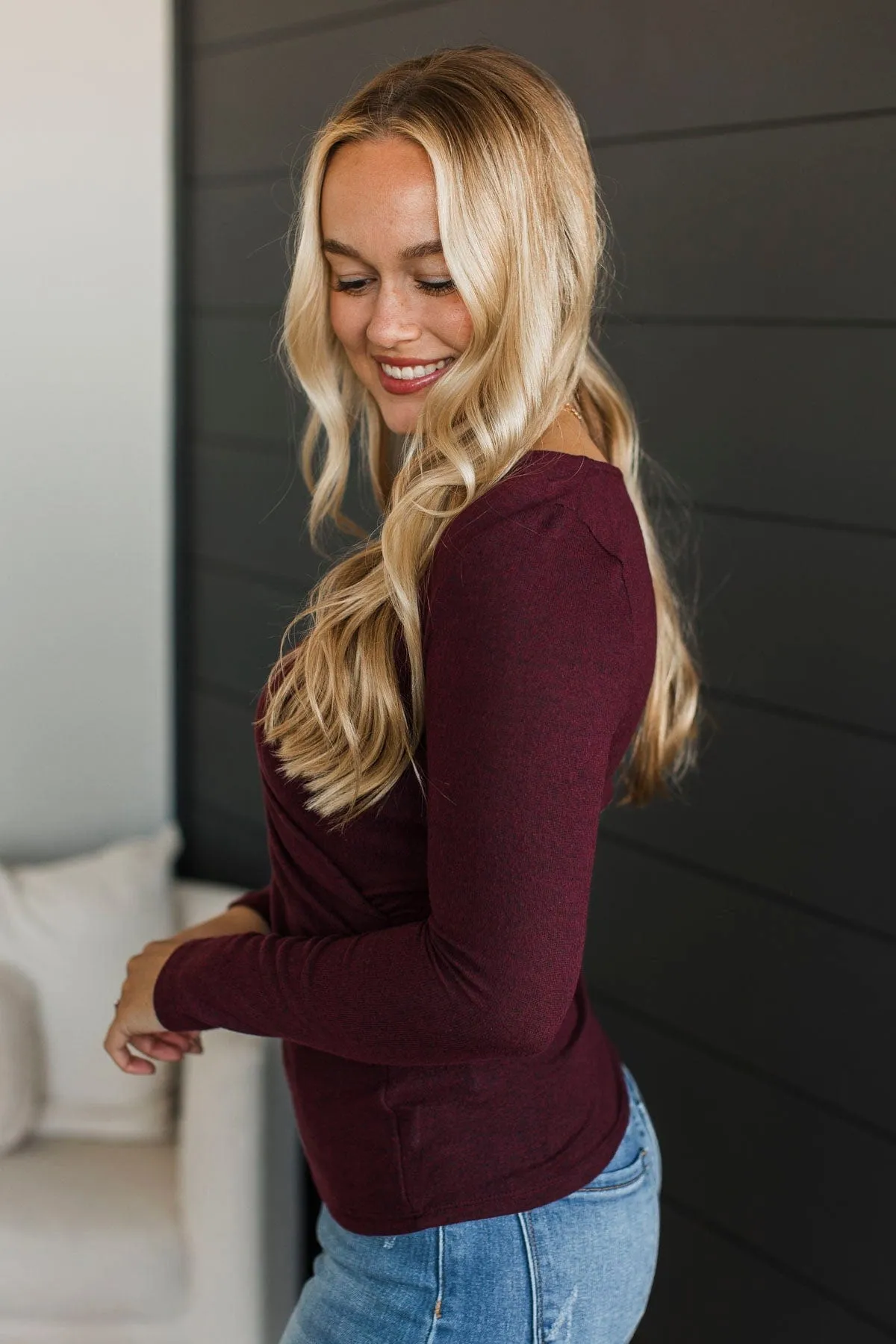 Around We Go Wrap Top- Burgundy