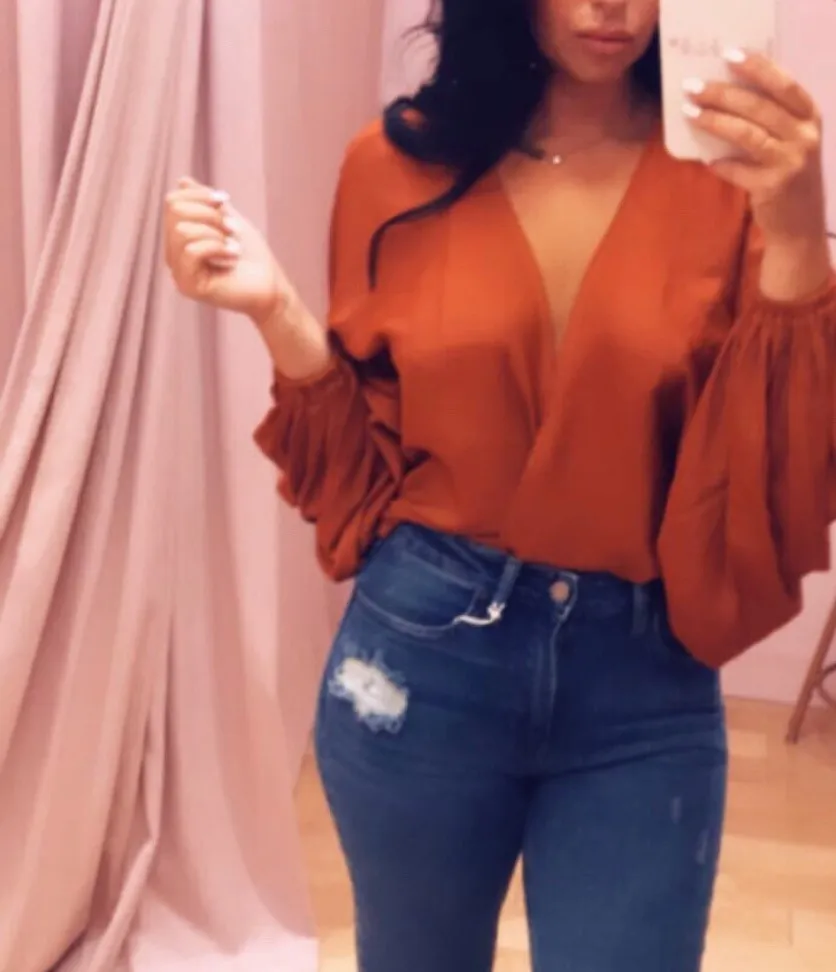 Balloon Long Sleeve Batwing V Neck Faux Wrap Top