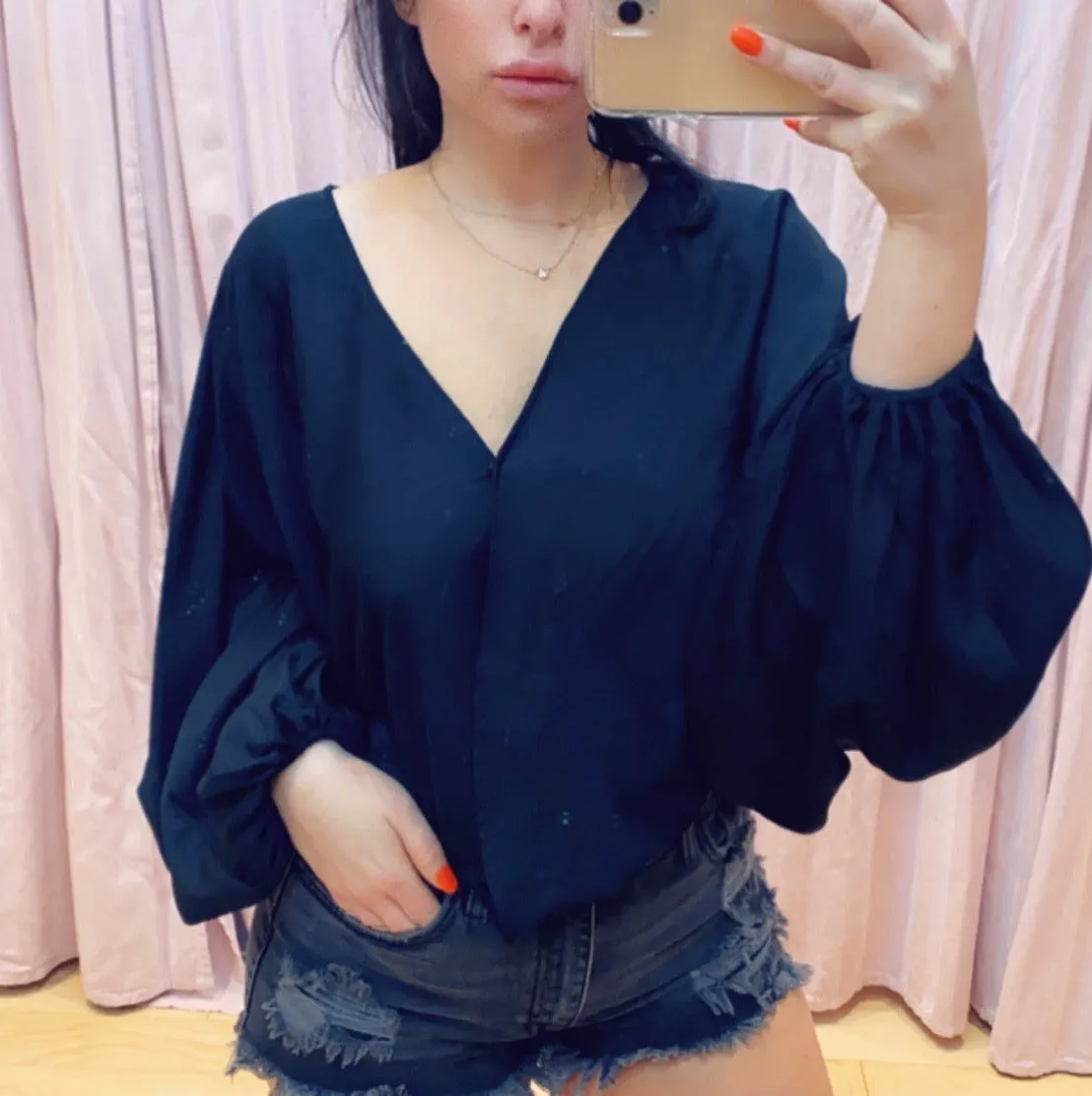 Balloon Long Sleeve Batwing V Neck Faux Wrap Top