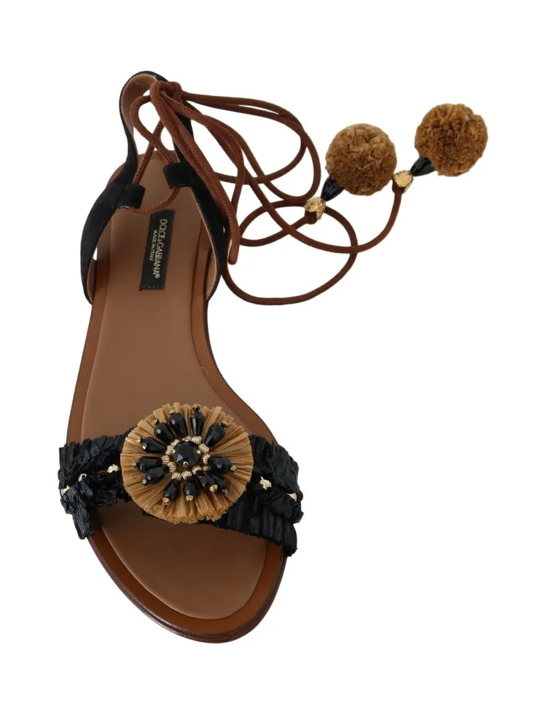 Black Beige Crystal Raffia Suede Shoes