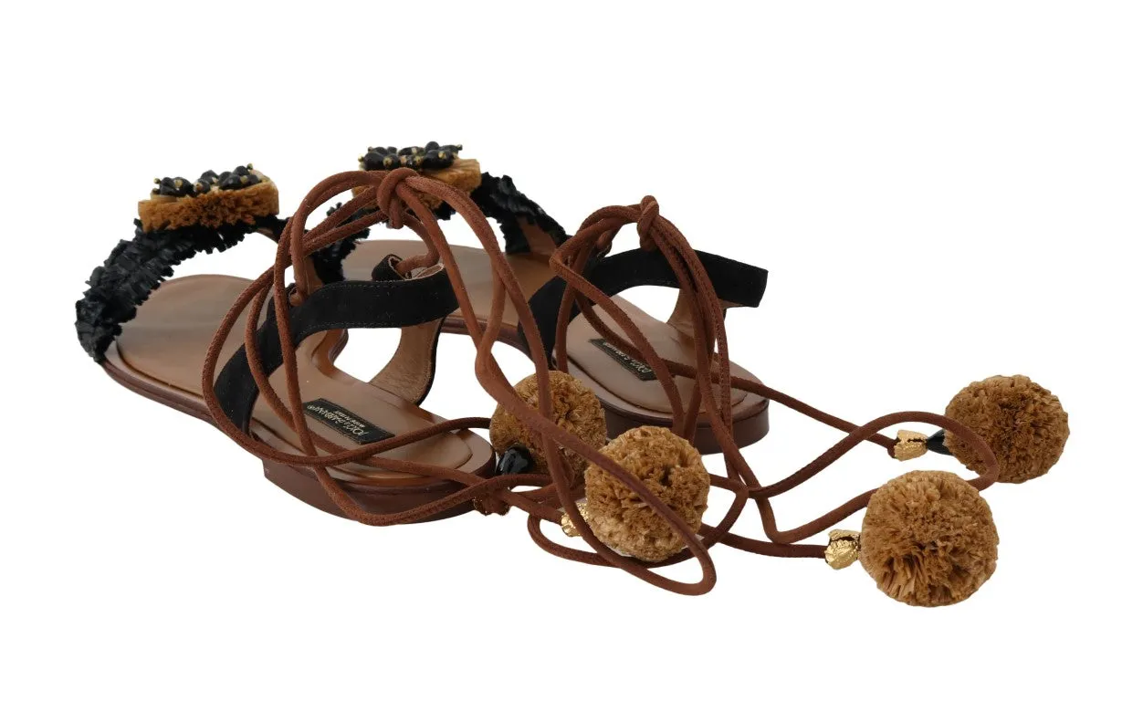 Black Beige Crystal Raffia Suede Shoes