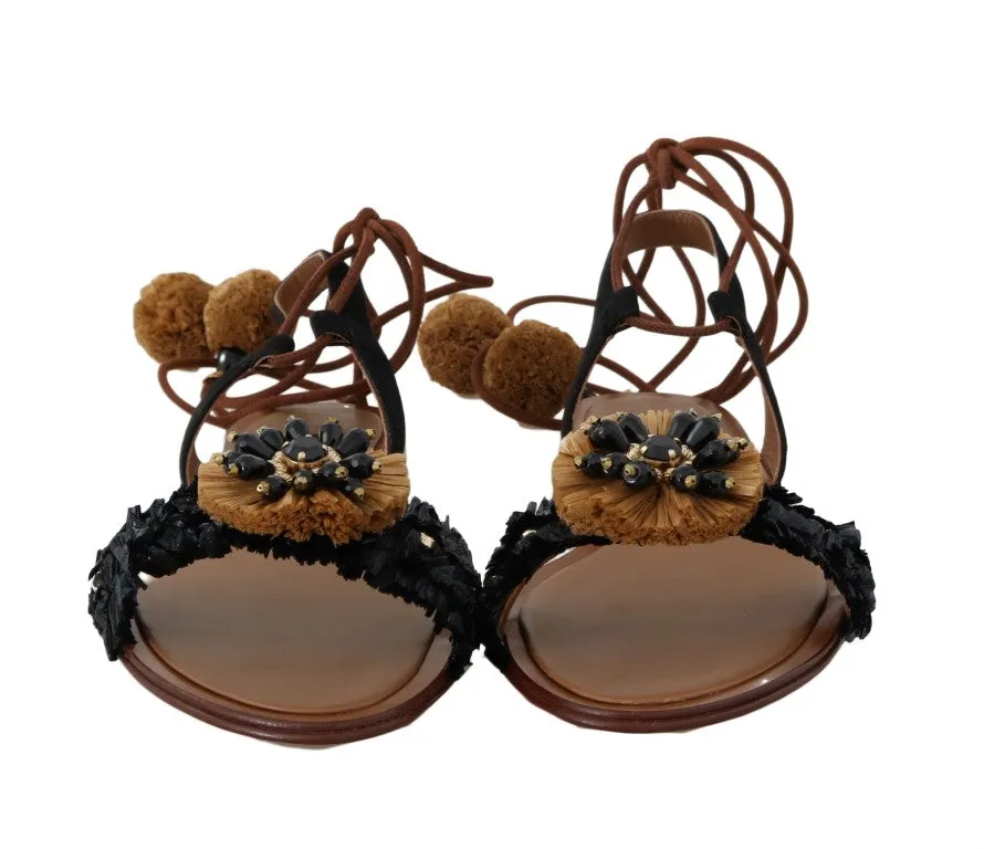 Black Beige Crystal Raffia Suede Shoes