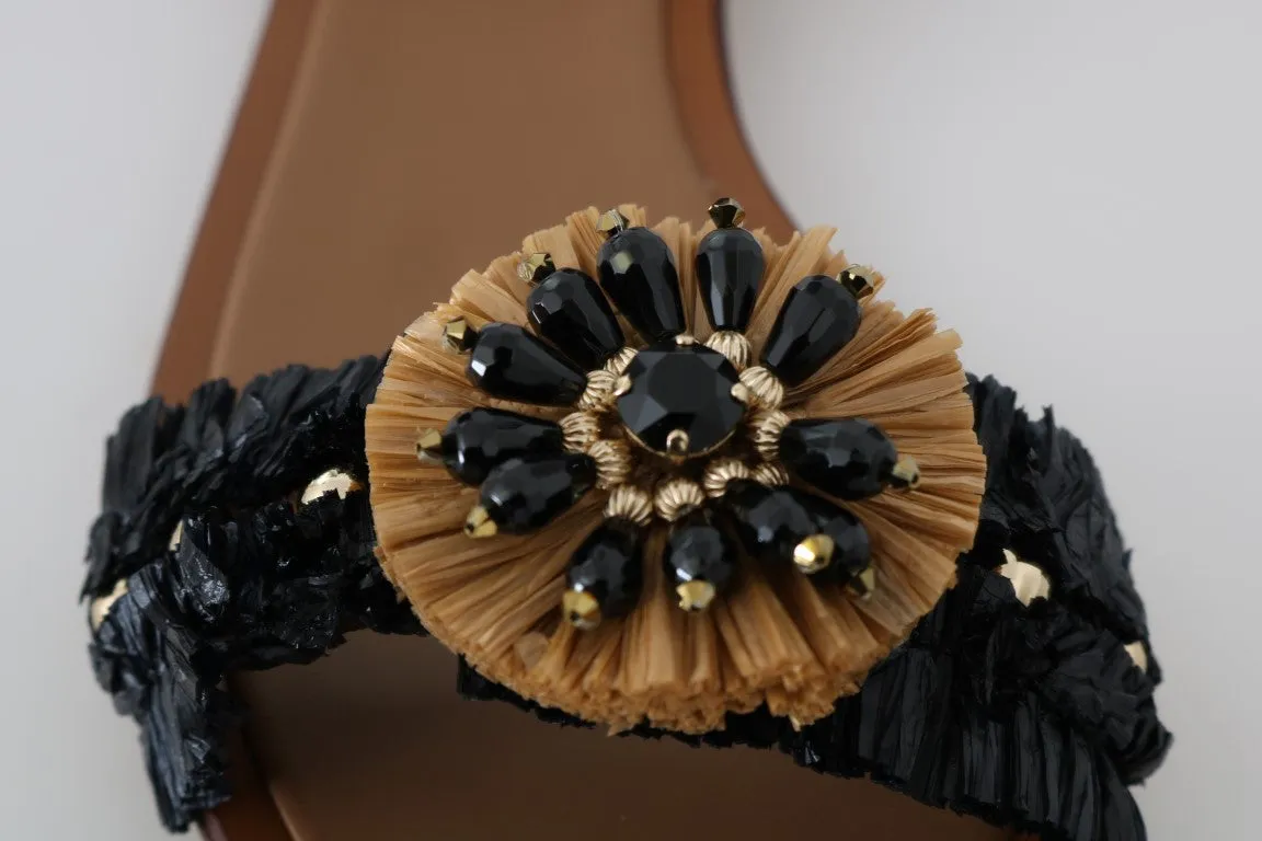 Black Beige Crystal Raffia Suede Shoes
