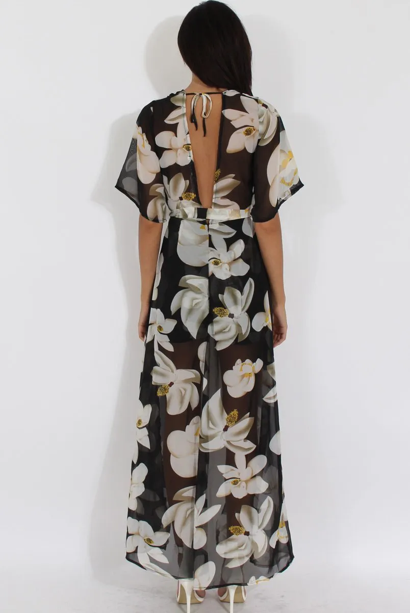 Black Floral Dip Hem Playsuit - Caprice