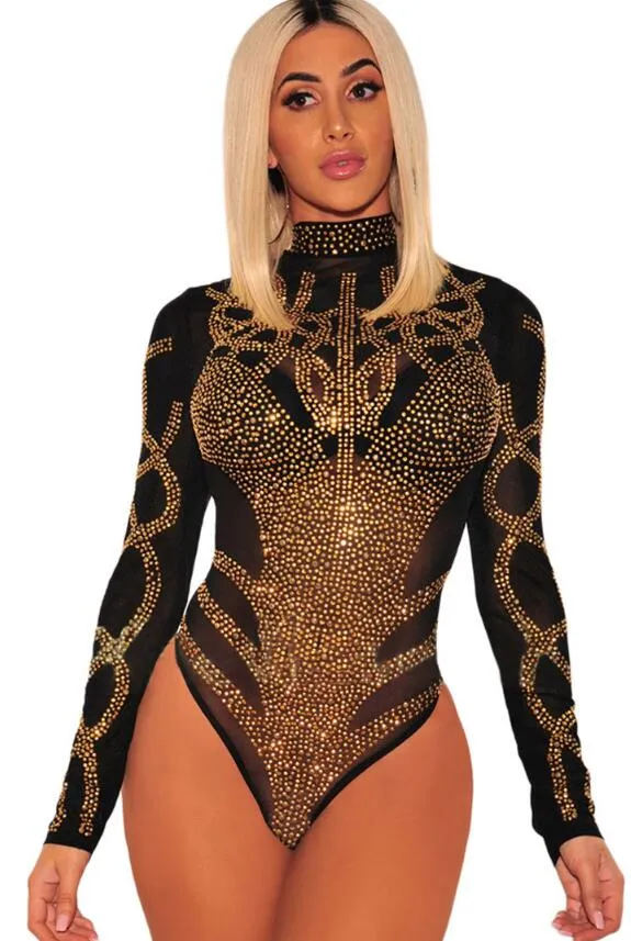 Black Gold Rhinestone  Mesh Long Sleeves Skinny Bodysuit