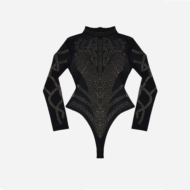 Black Gold Rhinestone  Mesh Long Sleeves Skinny Bodysuit