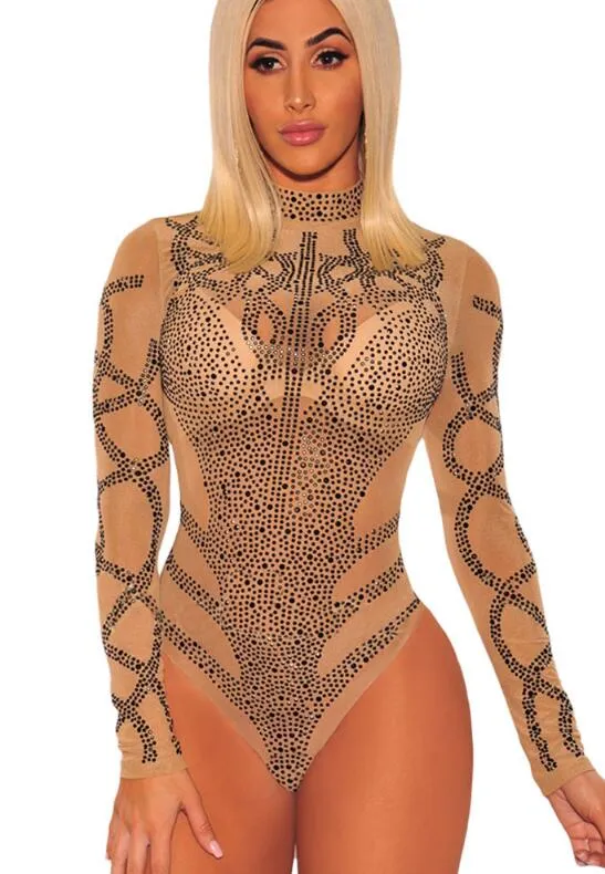 Black Gold Rhinestone  Mesh Long Sleeves Skinny Bodysuit