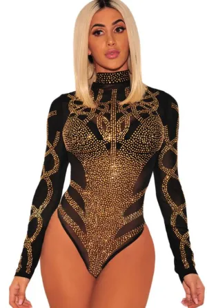 Black Gold Rhinestone  Mesh Long Sleeves Skinny Bodysuit