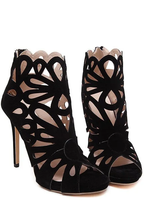 Black Hollow Out Peep Toe Black Sandals