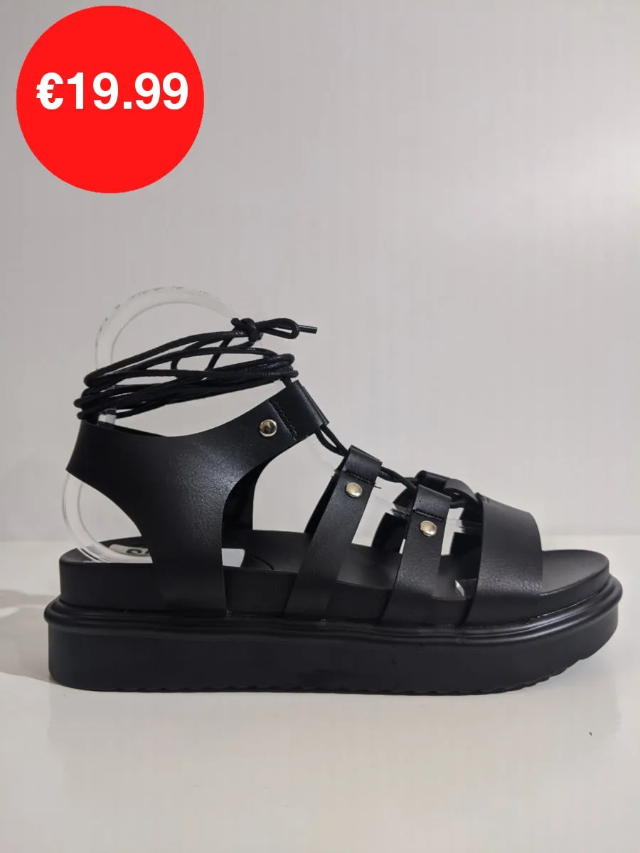Black Lace Up Chunky Platform Gladiator Sandals