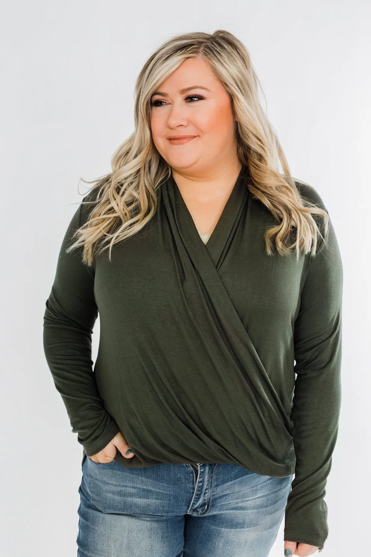Can't Help This Feeling Front Wrap Top- Olive