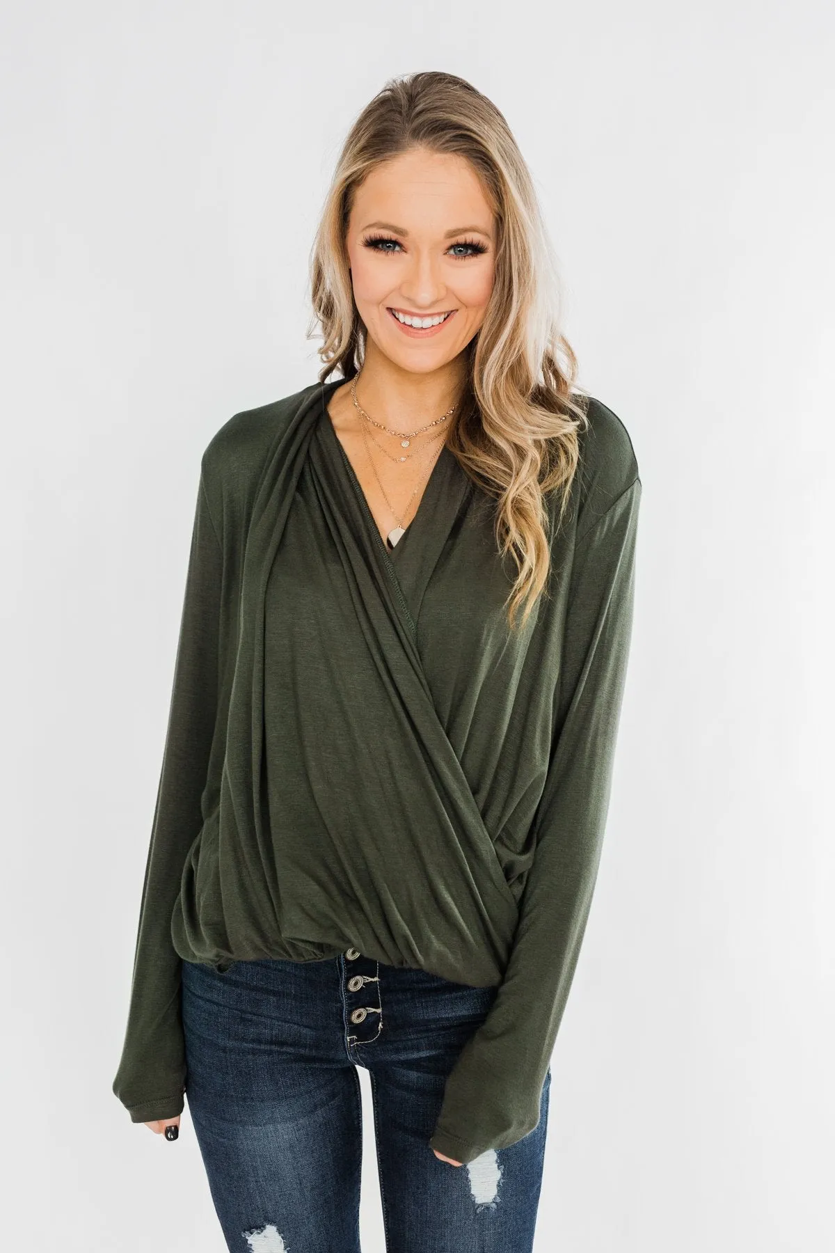 Can't Help This Feeling Front Wrap Top- Olive