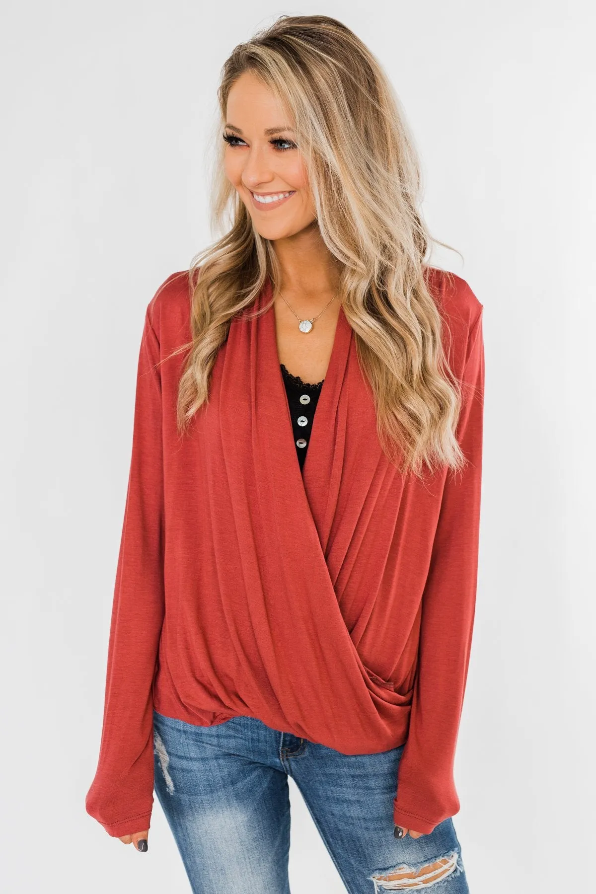 Can't Help This Feeling Front Wrap Top- Rusty Mauve