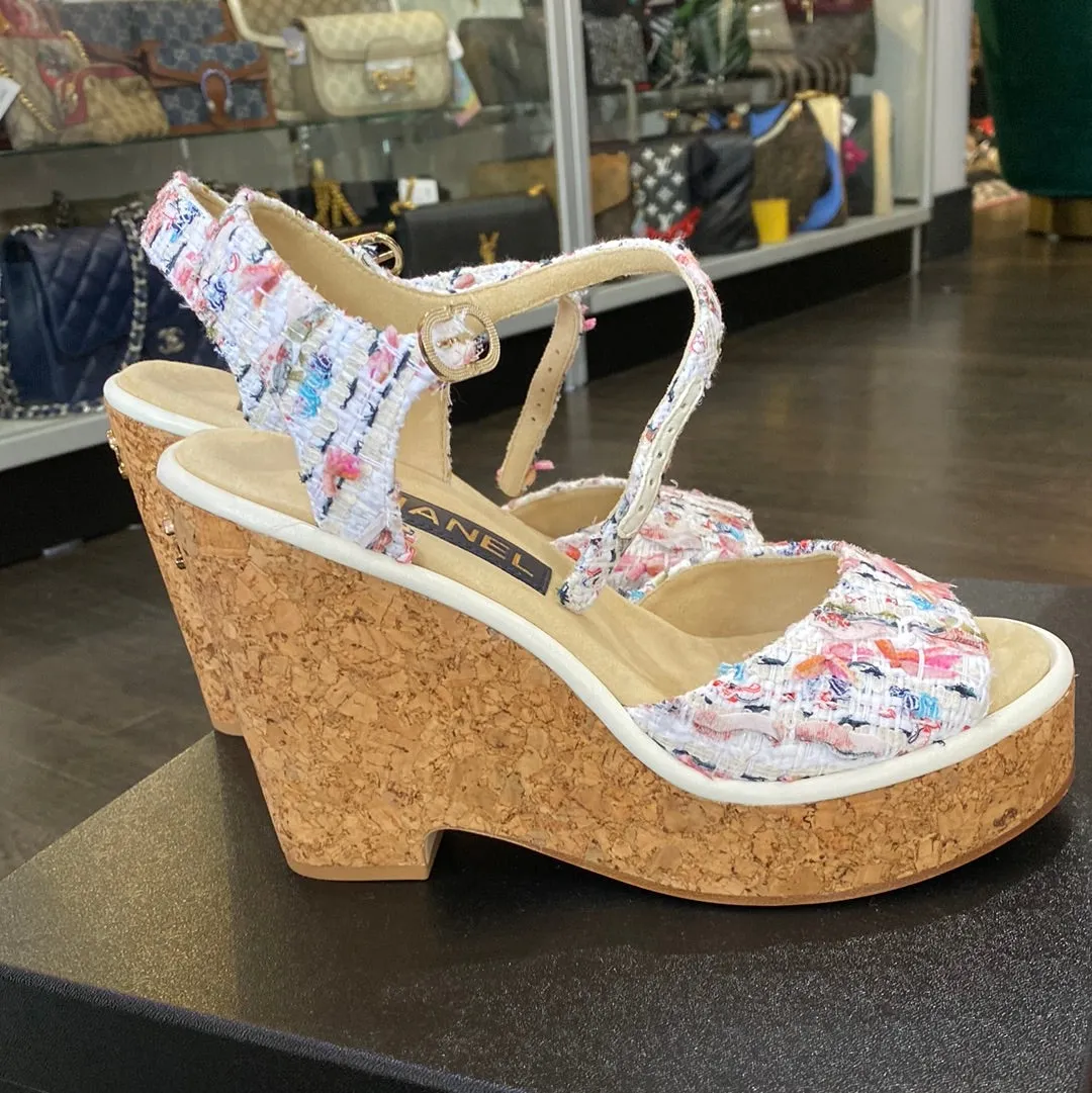 Chanel Cotton Tweed Ecru, Pink, Blue & Green Wedge Sandals