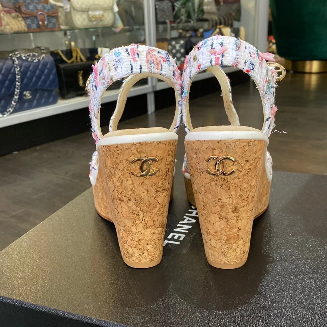 Chanel Cotton Tweed Ecru, Pink, Blue & Green Wedge Sandals