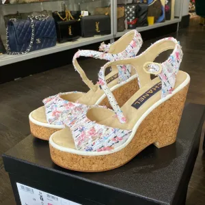 Chanel Cotton Tweed Ecru, Pink, Blue & Green Wedge Sandals