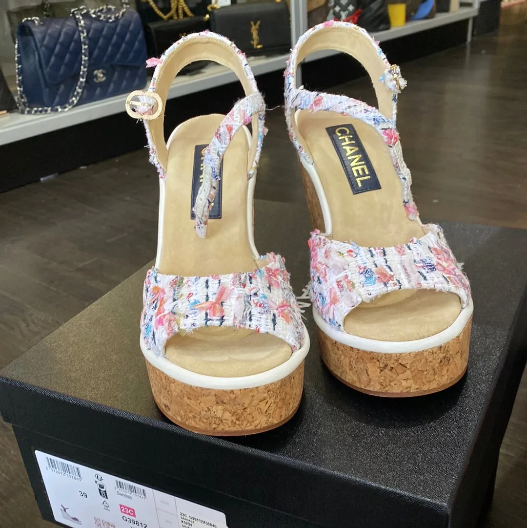 Chanel Cotton Tweed Ecru, Pink, Blue & Green Wedge Sandals