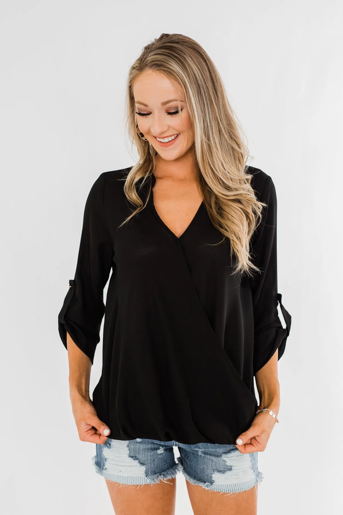 Classy Cutie V-Neck Wrap Blouse- Black