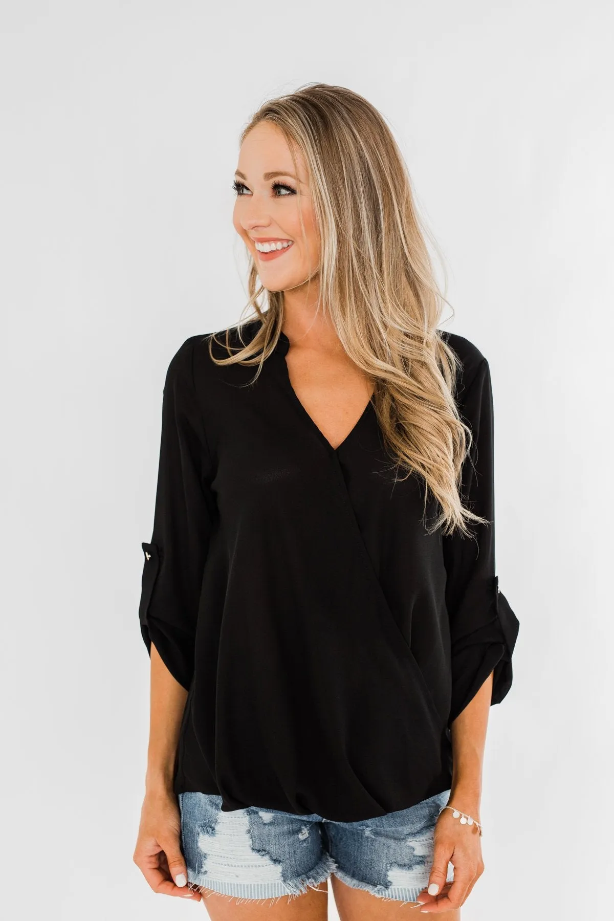 Classy Cutie V-Neck Wrap Blouse- Black