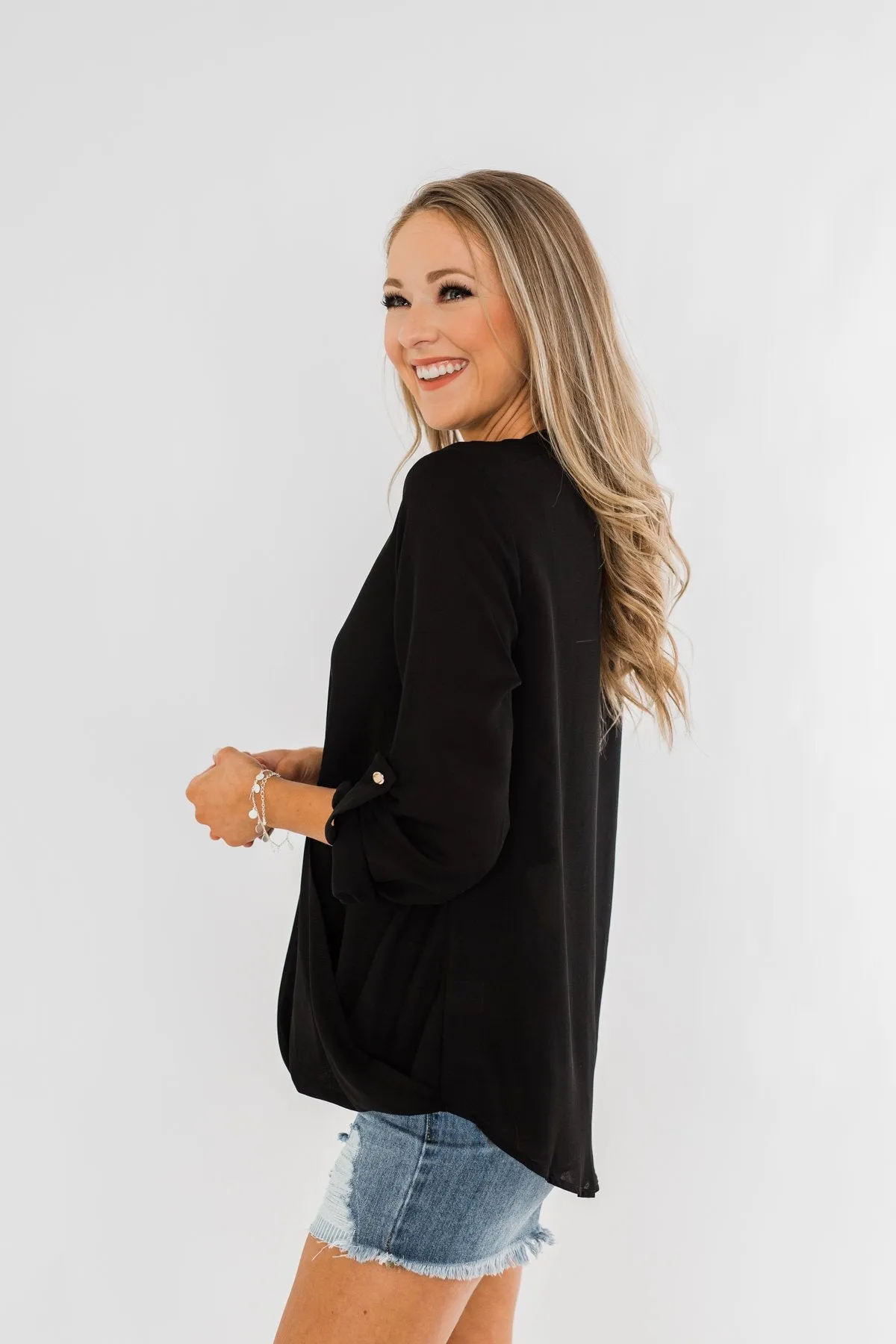 Classy Cutie V-Neck Wrap Blouse- Black