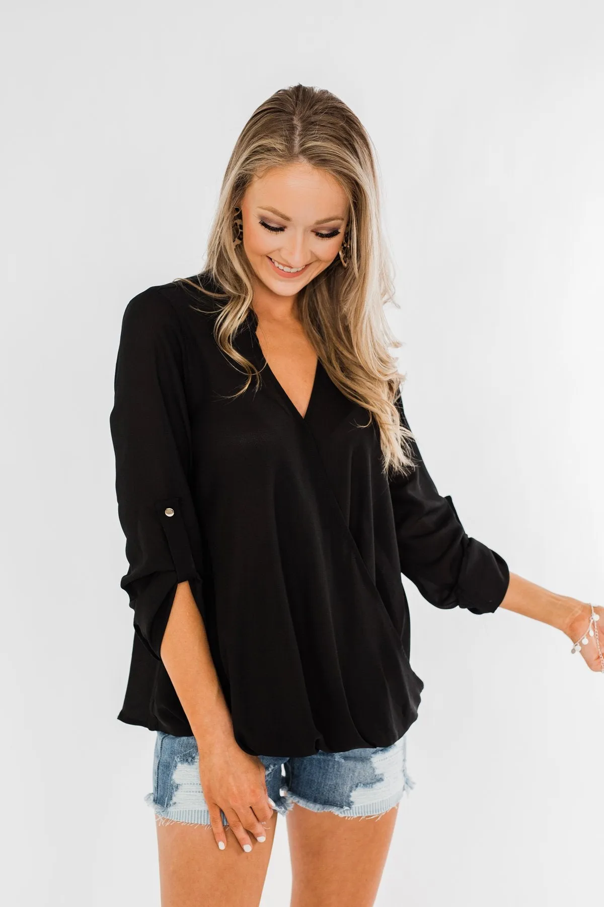 Classy Cutie V-Neck Wrap Blouse- Black