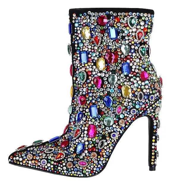 Colorful Mixed Crystals High Heel Ankle Boots