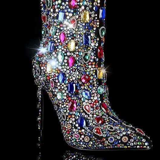 Colorful Mixed Crystals High Heel Ankle Boots