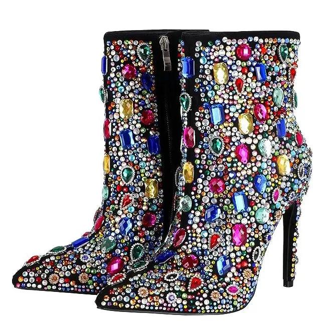 Colorful Mixed Crystals High Heel Ankle Boots