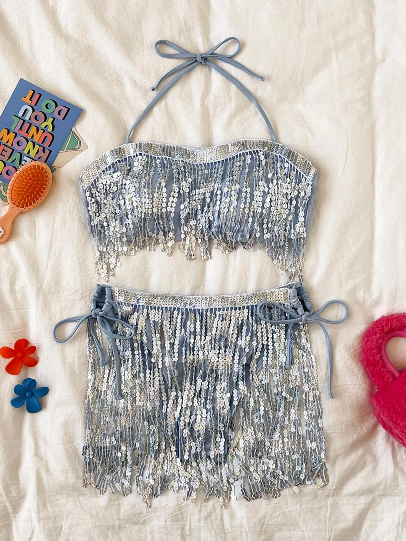 Contrast Sequin Fringe Trim Halter Tie Side Bikini Swimsuit