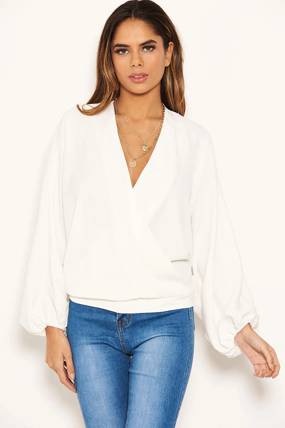 Cream Wrap Batwing Sleeve Top