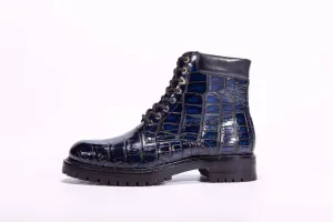 Crocodile Shoes Mens Boots Genuine Crocodile Skin Leather High-top Lace Up  Anti-Slip Boot Vintage Blue